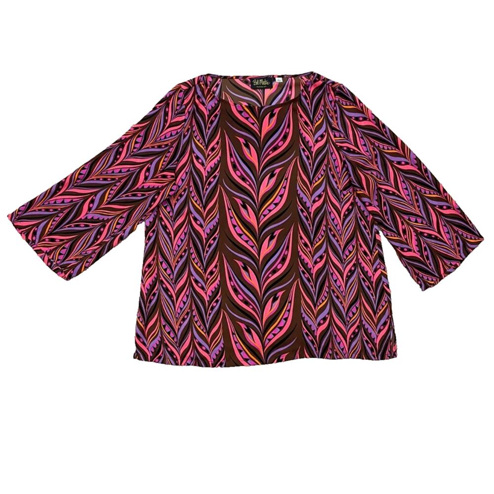 Bob Mackie Wearable Art Bright Colorful Abstract Blouse Women’s Sz L Pink Brown